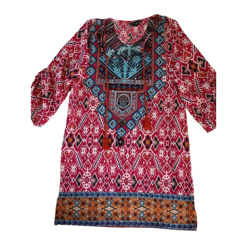 NLW Mini Shift Tunic Tribal Dress Size Small Tasseled 3/4 Ruched Sleeves